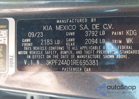 2024 Kia Forte Lx из США, поврежденный, VIN 3KPF24AD1RE695381